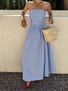 DAZY Women's Casual Striped Pleated Strapless Midi Dress, Summer - Blue - View 6