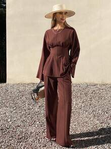 DAZY 女士休闲纯色系带衬衫和阔腿裤两件套，春夏款 - 咖啡棕 - 查看 6