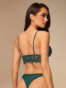 Silquee 优雅绿色蕾丝文胸，薄纱扇形边聚拢文胸，女士中度弹力内衣文胸 - 綠色 - 查看 2