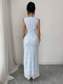 Elenzga 优雅白色蕾丝V领无袖修身长裙，休闲、派对、浪漫春夏装扮；时尚藏蓝色长裙，优雅婚礼宾客礼服 - 藍色 - 查看 2