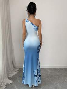 Elenzga 浪漫印花荷叶边肩部收腰喇叭形长款连衣裙，优雅休闲度假连衣裙，时尚蓝色印花长款连衣裙 - 藍色 - 查看 2