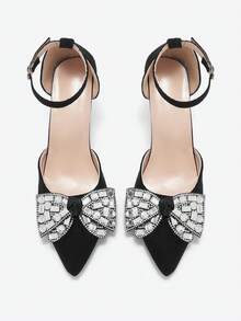 女士尖头高跟鞋，带水晶蝴蝶结单带，性感正式凉鞋，黑色 - 黑色 - 查看 3