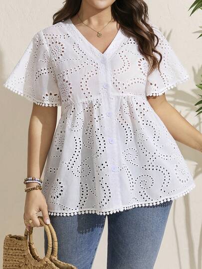 Comfylo Plus Size Casual Solid Color Hollow Out Embroidered Shirt