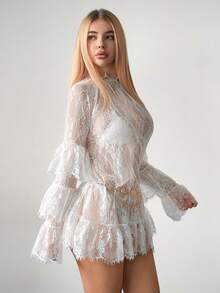 Sweetina 女士白色假日度假性感外出音乐会花卉蕾丝插肩喇叭袖性感透视迷你连衣裙，夏季 - 白色 - 查看 4