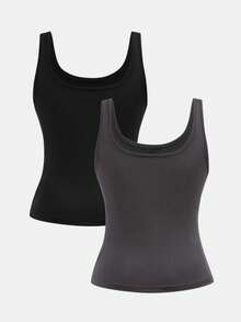 SHEIN Girlism Kids 2pcs Teen Girls' Black & Gray Casual Crew Neck Ruched Waist Fitted Camisole Tank Top Set, Suitable For Daily Casual, Versatile, Home Wear Sleeveless Top Set 3 Pack Tops Tight Tops Fitted Tops Tank Top With Built In Bra - Dark Grey - View 2