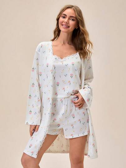 Loomlin 3pcs Cottonline Women COLOURFUL HEART Patterned Lace Detail Sexy Strappy Sleep Top + Robe + Sleep Shorts Bottom Casual Comfort Cute Lounge Pajama Set Pijama Set For Woman 100 Cotoon Women Summer Pajama Sleep Wear Women Summer Pajamas Set For Woman