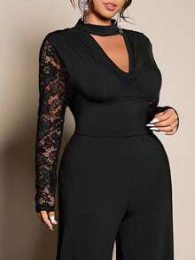 Cravure 大码女式优雅针织蕾丝长袖黑色垂领镂空露背连体裤 - 黑色 - 查看 10