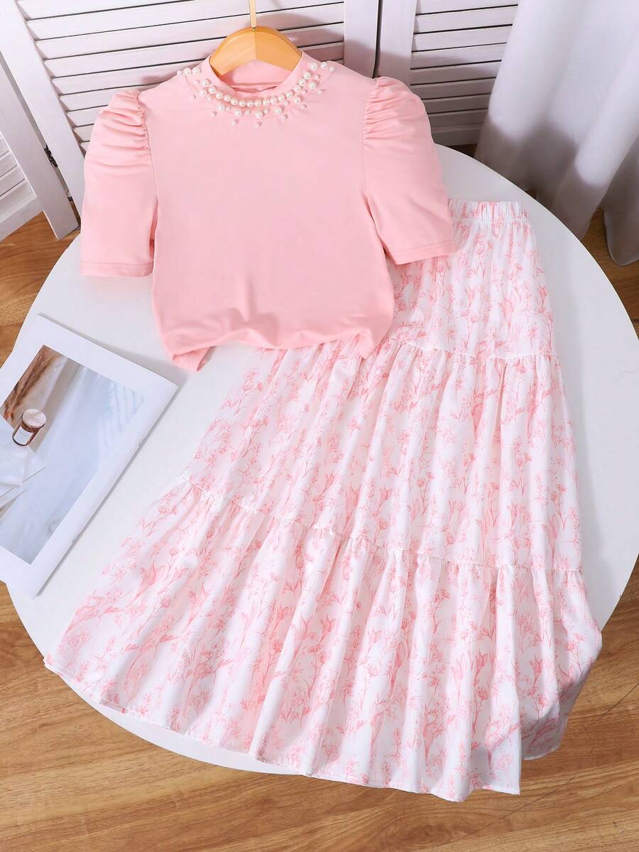 SHEIN 青少年女孩 2件組 短袖圓領優雅珍珠裝飾T恤與花卉印花迷你裙，淡粉色，夏季，茶會波希米亞風