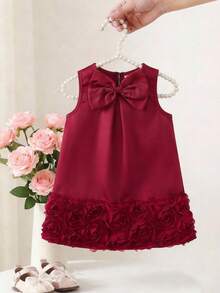 SHEIN 一件女婴舒适时尚优雅圆领无袖连衣裙，饰有可爱蝴蝶结下摆和花朵图案，基本款百搭连衣裙，适合春夏、休闲、户外、旅行、节日派对等场合。 - 酒紅色 - 查看 11