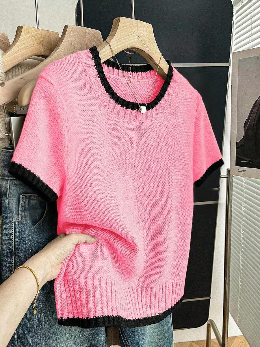 SHEIN Franclia 新款夏季简约个性拼接撞色优雅百搭女士针织上衣 - 粉色 - 查看 1