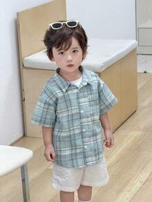 DAZY Camisa de manga corta con cuello vuelto a cuadros, estilo coreano para niños pequeños, primavera/verano - Celeste - Ver 3