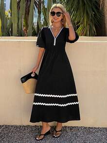 DAZY Đầm dài tay ngắn cổ chữ V phối màu tương phản thanh lịch dành cho nữ, thích hợp cho mùa hè. - màu đen - Xem 3