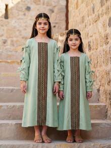 SHEIN Young Girl Woven Solid Color Square Collar Bow Decor Casual Dress - Mint Green - View 3