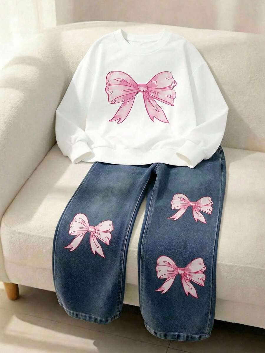 SHEIN 2件套:少女休闲宽松蝴蝶印花卫衣和粉色水洗宽松蝴蝶刺绣直筒牛仔裤 - 白色 - 查看 1