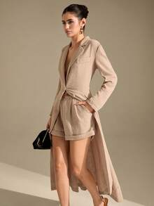 CLARA VERO Women's Lapel Front Button Waist Cinched Long Sleeve Extra Long Blazer Jacket & Shorts 2 Pieces Set - Khaki - View 8