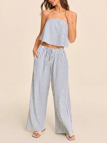 Coeurva 女士春夏时尚休闲优雅浪漫简约条纹两件套，适合日常穿着，蓝色两件套和白色两件套 - 藍白色 - 查看 7