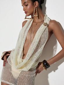 Coolane Women's Spring/Summer Chic Y2K Vacation Outfits Sequin Mesh White Cowl Neck Mini Dress - Apricot - View 1