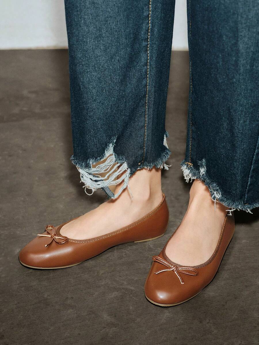 New Spring Summer Flat Ballet Shoes, Low-Cut Soft Comfortable Lightweight Low Heel Bowknot Shoes For Grandma, Fashionable Work Shoes, Brown Spring Shoes Summer Shoes