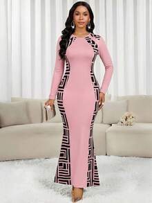 SHEIN Lady 女士圆领长袖几何印花修身优雅连衣裙 - 粉色 - 查看 7