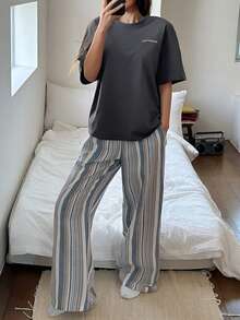 DAZY Women's Casual Letter Print Loose T-Shirt Top And Striped Pajama Pants Sleepwear Set, Summer - Grey - View 9