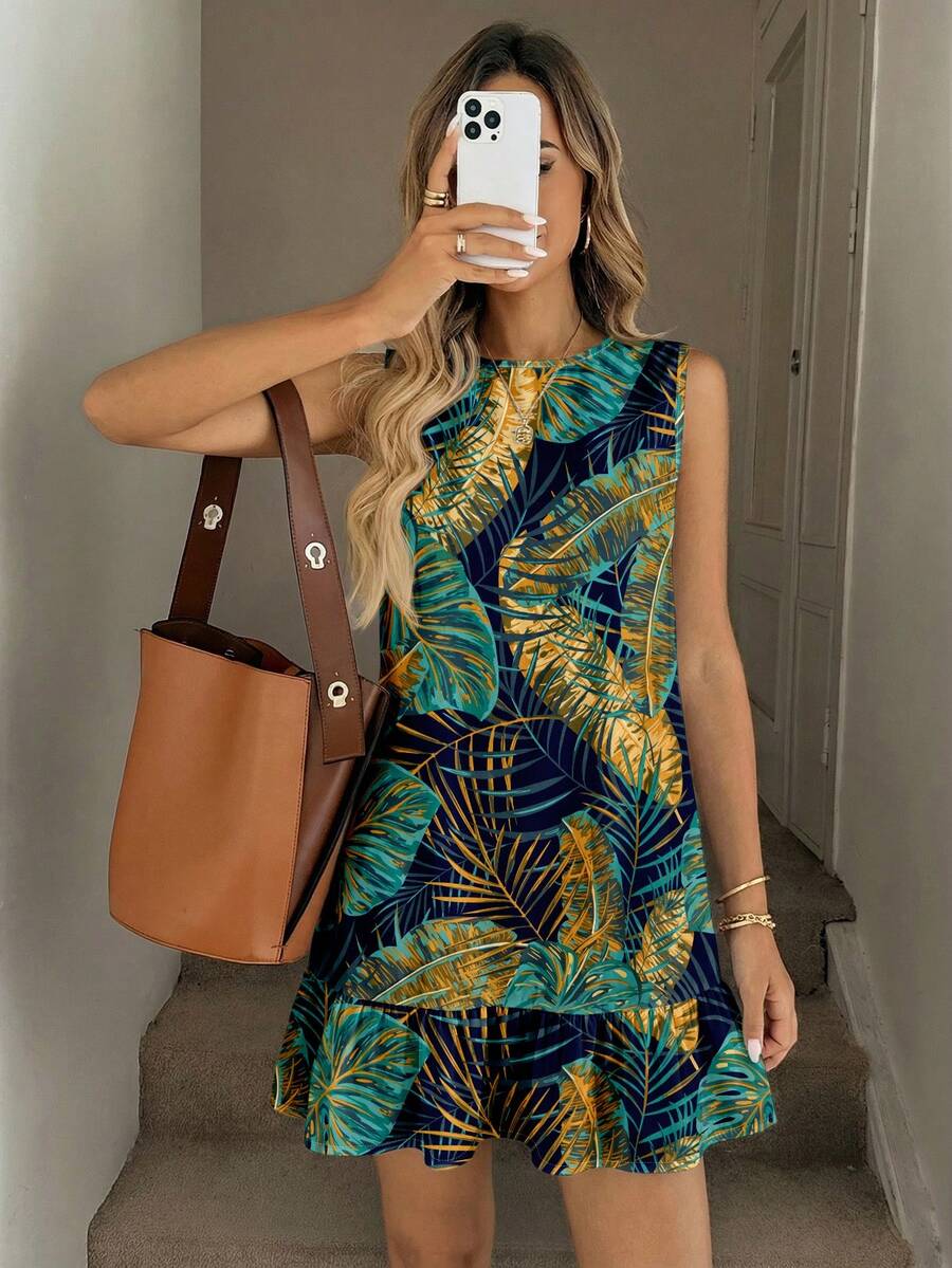 Easowa Women's Elegant Mini Dress With Tropical Palm Leaf Print, Suitable For Spring/Summer, Beach, Outings, Weddings, Birthdays, Carnivals, Parties, Chic - Multicolor - View 1