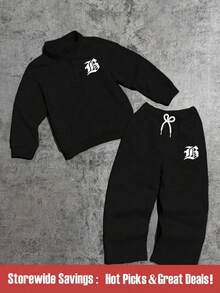 2件套男童字母印花长袖T恤和系带长裤休闲装 - 黑色 - 查看 1