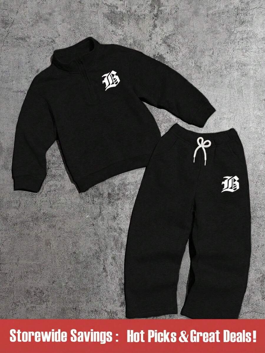 2件套男童字母印花长袖T恤和系带长裤休闲装 - 黑色 - 查看 1