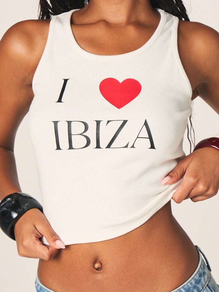 MISSGUIDED Women's I Love Ibiza Graphic Print Ribbed Tank Top Summer Vacation Travel Statement Sleeveless Tank Top Casual Beach Holiday Destination Tee