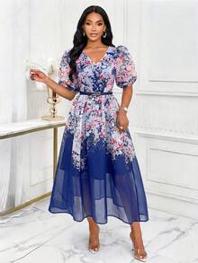 SHEIN Lady 女士印花V领花瓣袖连衣裙，优雅假日风 - 藍色 - 查看 7
