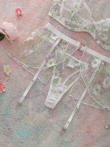 SHEIN 3pcs/Set Women's Floral Embroidery Underwire Bra, Garter Belt And Panty Set, Fresh And Romantic Pastoral Design, Sexy - Multicolor - View 3