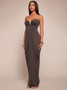 Radiana 优雅棕色褶皱无肩带连衣裙，修身包臀款式，适合约会、派对、鸡尾酒会、俱乐部、夜生活、夜间外出、宴会、海岛度假、海滩、休闲外出、假日旅行等场合。 - 咖啡棕 - 查看 6