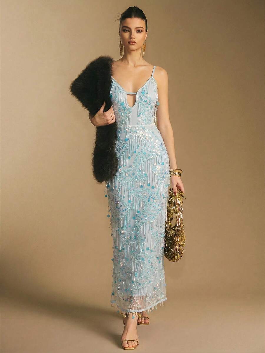 Poéselle 女士时尚派对亮片装饰系带露背吊带连衣裙 - 藍色 - 查看 1