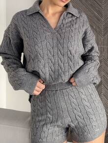 Marta Soriano 2pcs/Set Women Loose Casual Gray Sweater, Autumn/Winter - Dark Grey - View 3