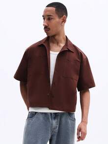 SUMWON Men's Brown Button Down Collared Short Sleeve Shirt With Chest Pocket Casual Regular Fit Summer Top - Brown - View 4