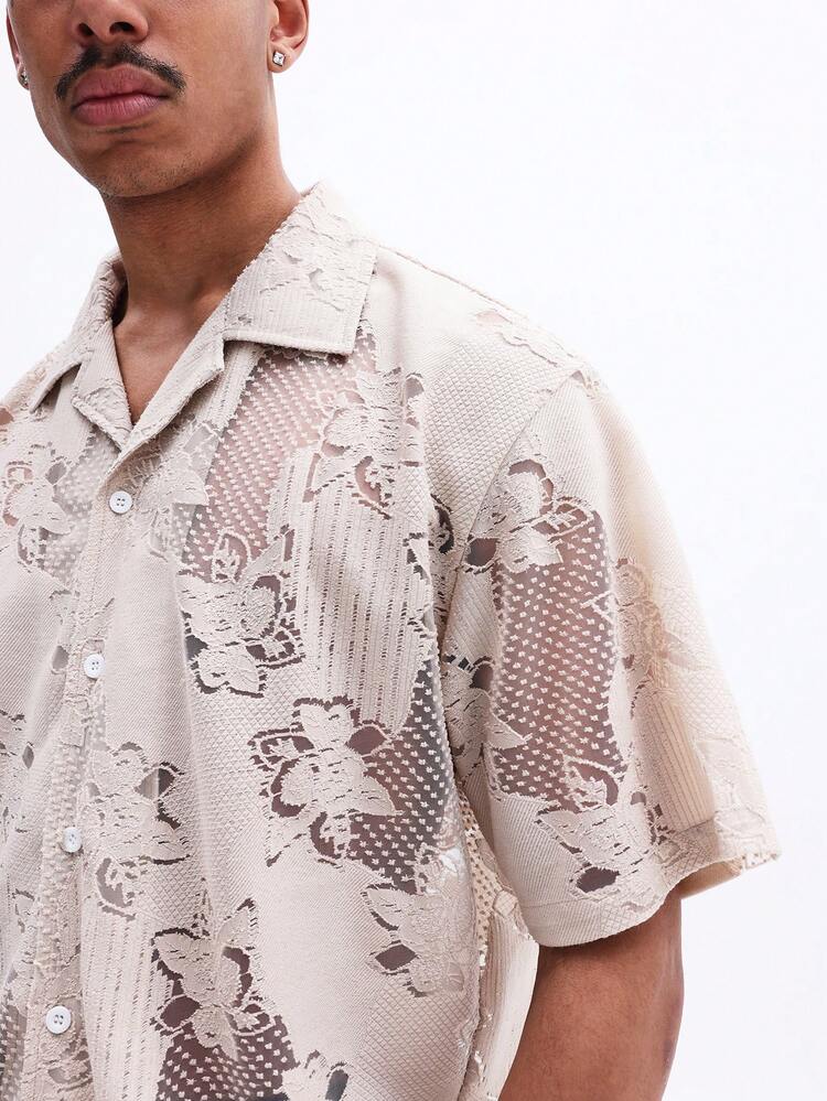 Short Sleeve Lace Pattern Button Shirt