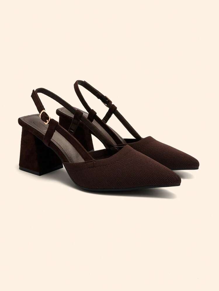 CUCCOO BASICS Women's Pointed Toe Chunky Heel Coffee Color Knit Backstrap Buckle Comfortable Breathable Versatile Commute Outdoor Necessary Pumps Spring Shoes