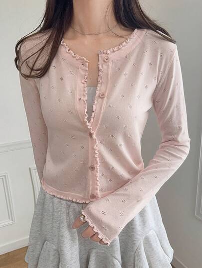 FRIFUL 女士纯色粉色荷叶边宽松休闲开衫