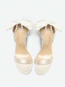 夏季时尚珍珠蝴蝶结婚礼派对鞋，性感圆头软皮粗跟白色凉鞋，优雅简约女士高跟凉鞋 - 杏色 - 查看 6