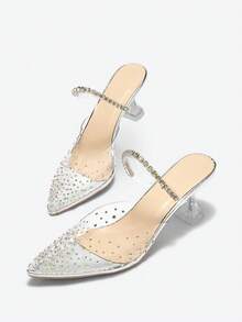 秋冬新款女士百搭舒适粗跟高跟鞋，时尚百搭，可搭配黑色连衣裙、性感穆勒鞋、派对鞋。 - 銀色 - 查看 5