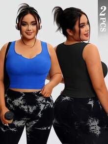 Gameset SHEIN Sport 2件/套 大码女式黑色和藏蓝色无缝舒适弹力U领无袖运动背心，不透光，吸湿排汗，瑜伽、健身、日常穿着 - 彩色 - 查看 3