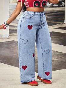 Slaydiva Plus Size Women's Casual Versatile Washed Denim Wide Leg Pants With Pockets & Heart Embroidery - Blue - View 5