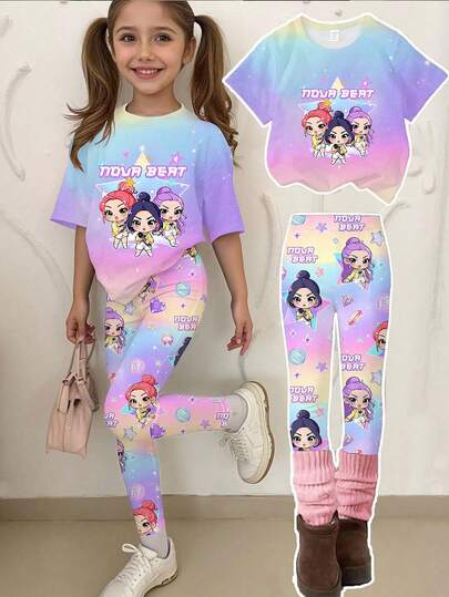 1 Set Young Girls' Casual Fashion Creative Cute Anime Style Tie-Dye Ombre K-POP Girl NOVA BEAT Letter Print Short Sleeve T-Shirt And Leggings Set, Suitable For Outings, Parties, Sports And School, Spring/Summer