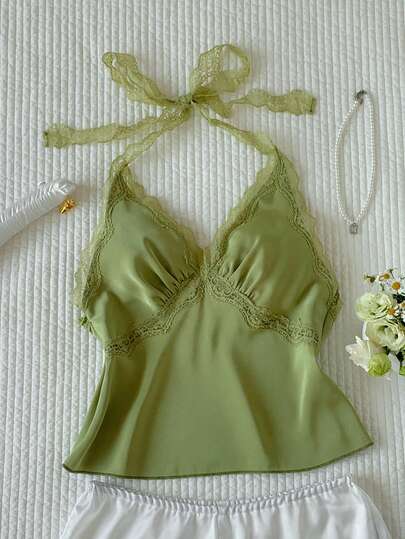 Comfortcana Plus Size Women Solid Color Contrast Lace Halter Neck Camisole