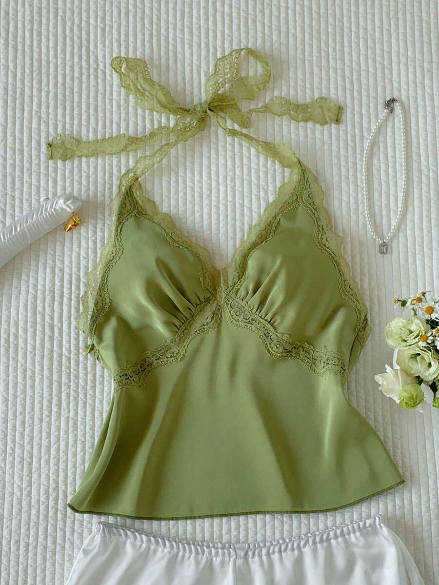 Comfortcana 大码女式纯色撞色蕾丝吊带背心 - 綠色 - 查看 1