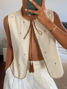 DAZY Áo vest nữ dáng rộng, thắt nơ phía trước, viền hoa, kiểu dáng thường ngày. - Đen và trắng - Xem 5