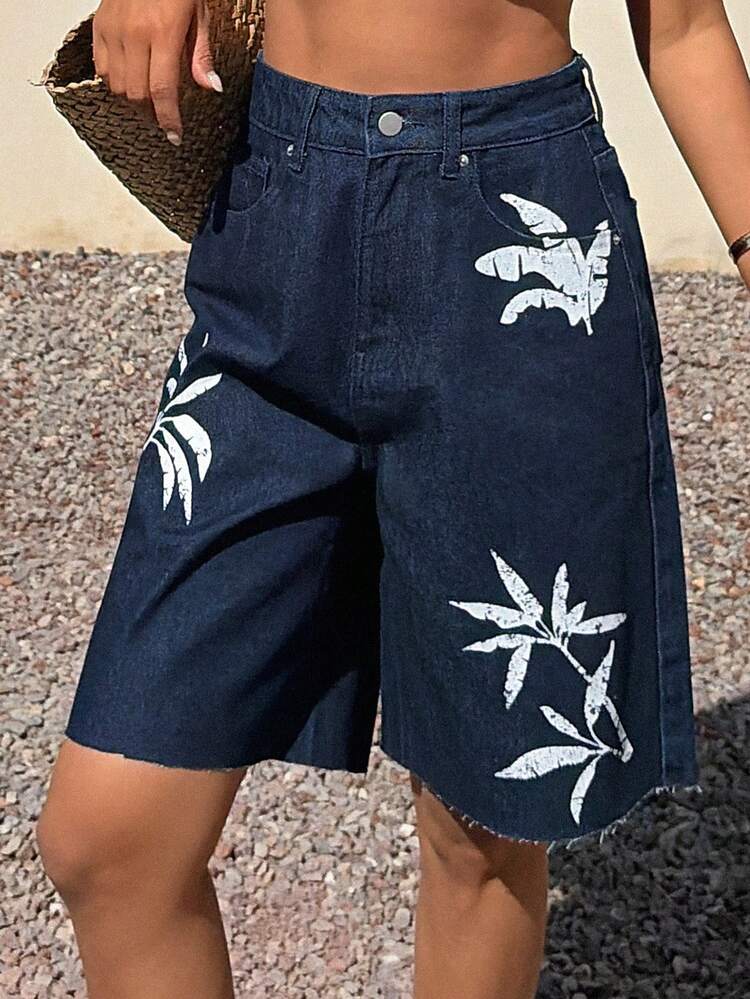 Women's Regular Waist Leaf Print Loose Bermuda Shorts, Washed Printed Design Denim Shorts Jorts
