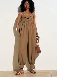 Zivah 2026 休闲亚麻度假风细带踝带阔腿宽松长款连体裤，深卡其色 - 卡其色 - 查看 8
