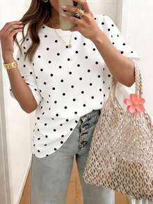 EMERY ROSE Camiseta casual de cuello redondo con lunares, talla grande para mujer, de verano - Blanco - Ver 3