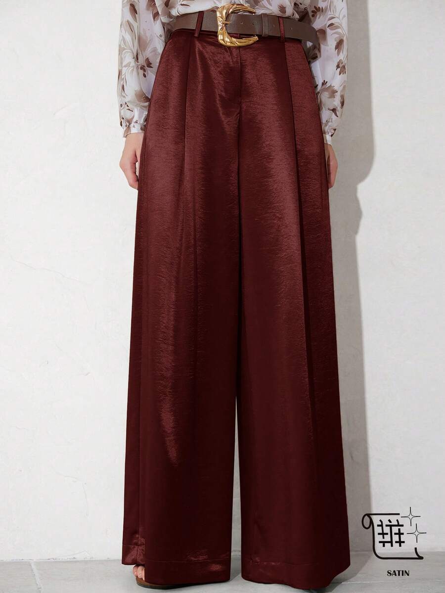 Aveloria Modichic Women's Elegant Loose Fit Flowy Trousers With Leather Belt, Flattering Leg Line, Suitable For Commuting - Burgundy - View 1