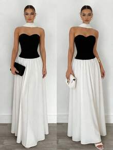 Firerie 女士新款黑白撞色扭结抹胸长裙，超大荷叶边下摆和领口系带，浪漫伴娘礼服，适合婚礼、正式场合、通勤、约会、毕业典礼等。 - 黑與白 - 查看 6